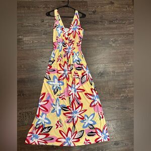 Silk/poly blend dress pale yellow with vivid red pink and blue floral print